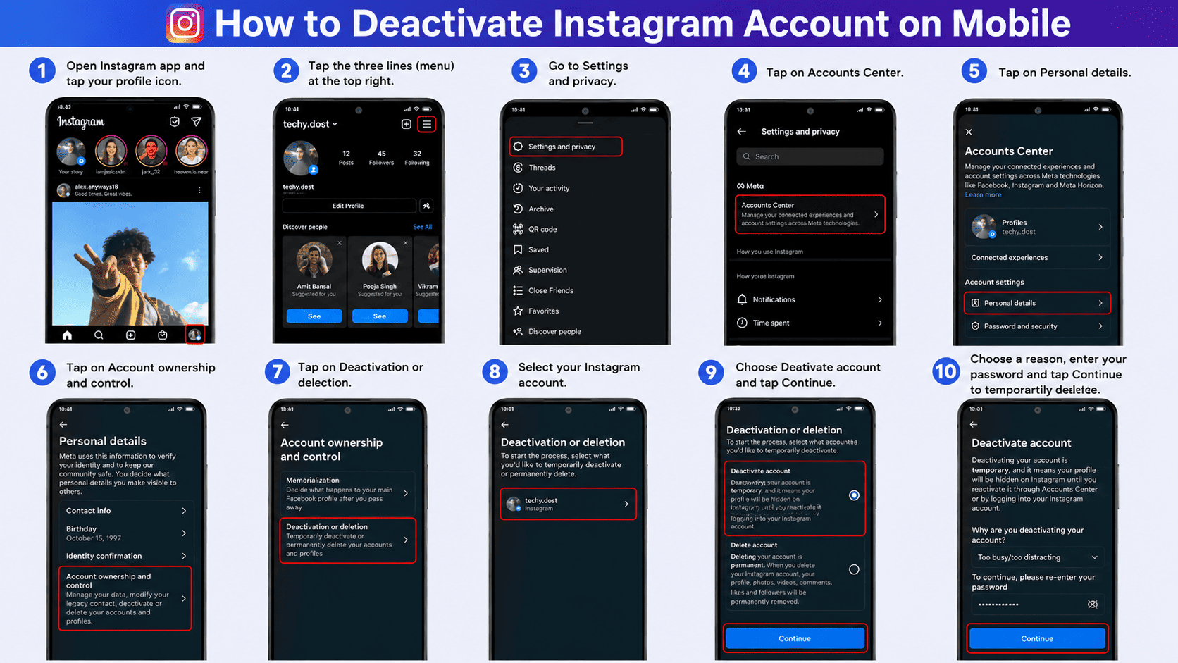 Instagram Accounts Center — Deactivate account option 2026