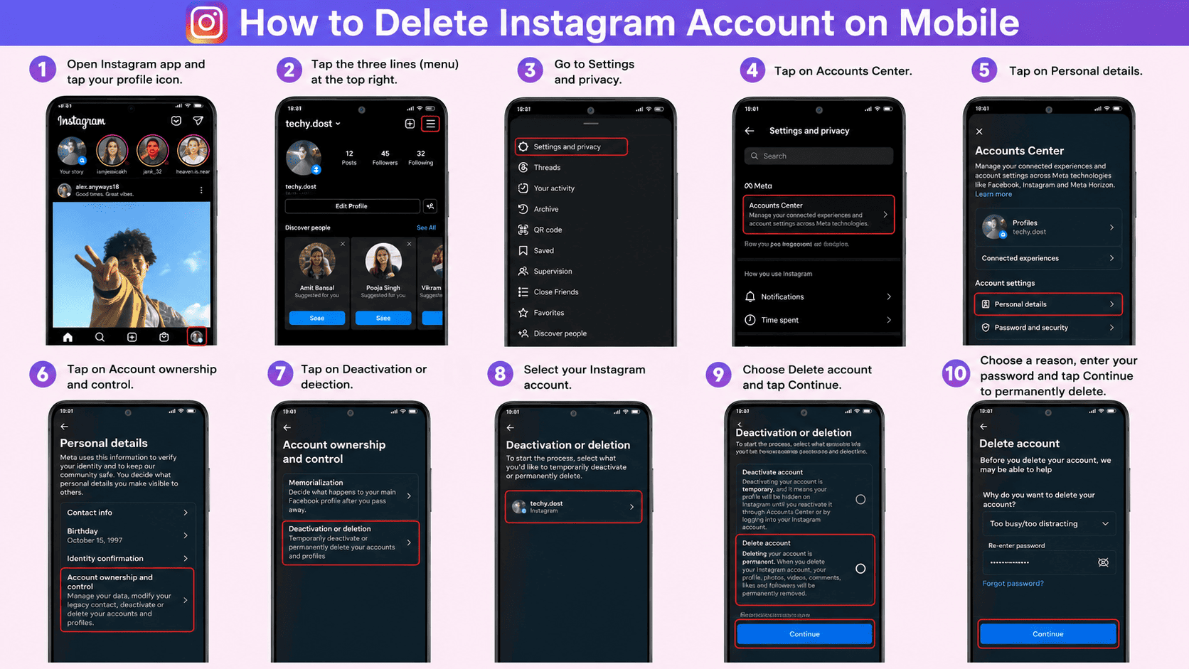 Instagram Accounts Center — Delete account option 2026